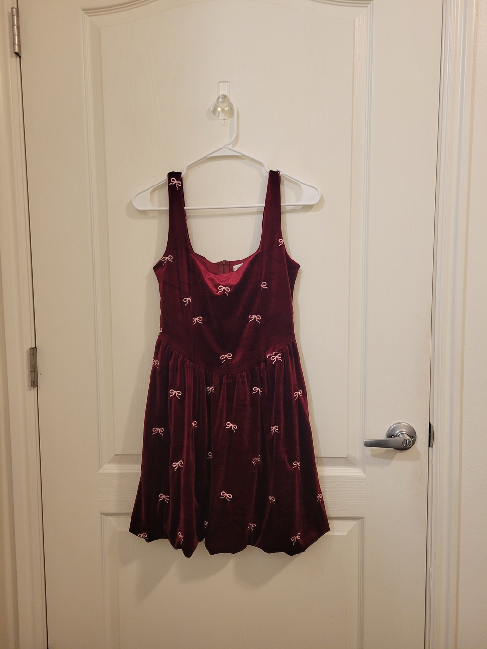 Altar'd State Burgundy Velvet Dress with Pink Bow Embroidery